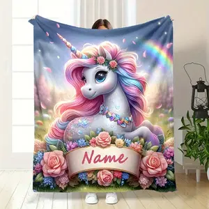 Personalized Unicorn Flannel Blanket with Custom Name - Soft, Warm & Cozy for Couch, Bed, Picnic - Perfect Gift for All Seasons