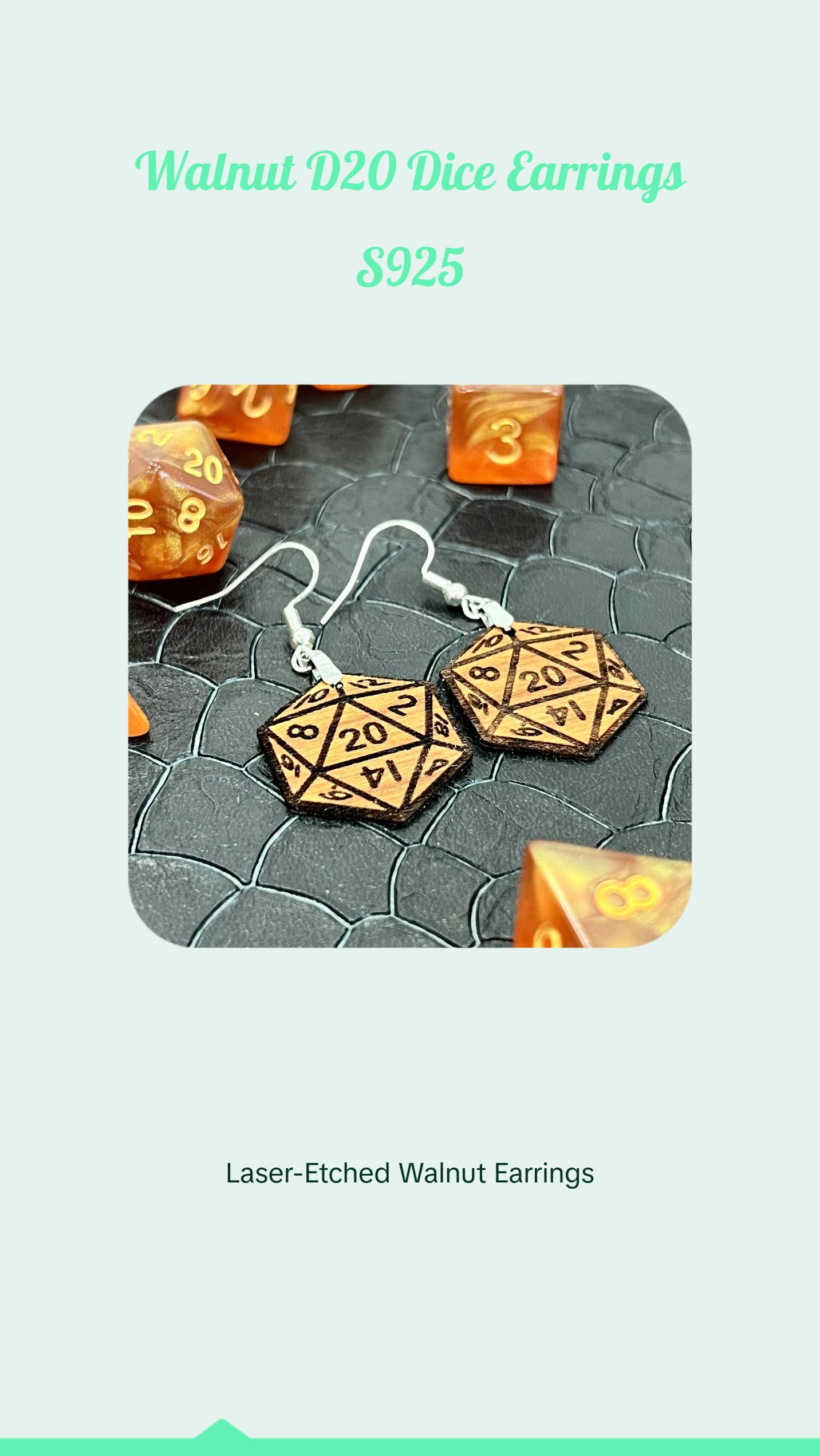 D20 DICE Walnut Earrings Silver S925 clamp style hooks- D & D inspired Walnut Earrings