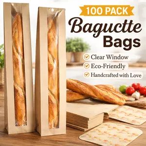 100 Pack Paper Baguette Bread Bags – Bakery Storage Bags with Window for Homemade Bread, Loaf, Pastry – Reusable & Eco Friendly