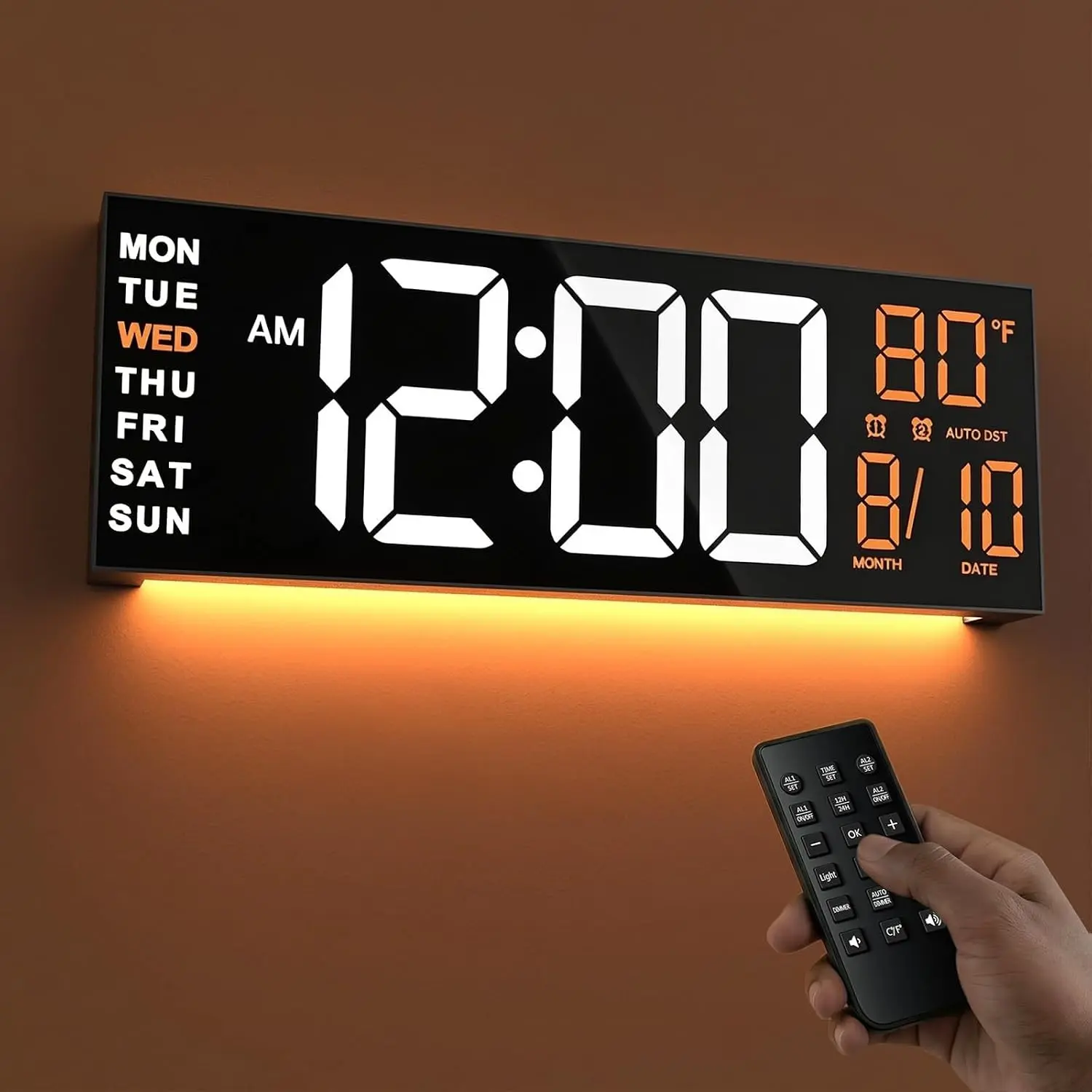 16" Large Digital Wall Clock with Remote, Big LED for Seniors, Auto Dimming, 8 RGB Colors, Night Light, Count Down Timer, Alarm, DST, Temperature for Living Room, Back to School Classroom