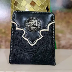 Cross Praying Cowboy Western Mens Wallet short Bifold embossed look concho faux leather wallet