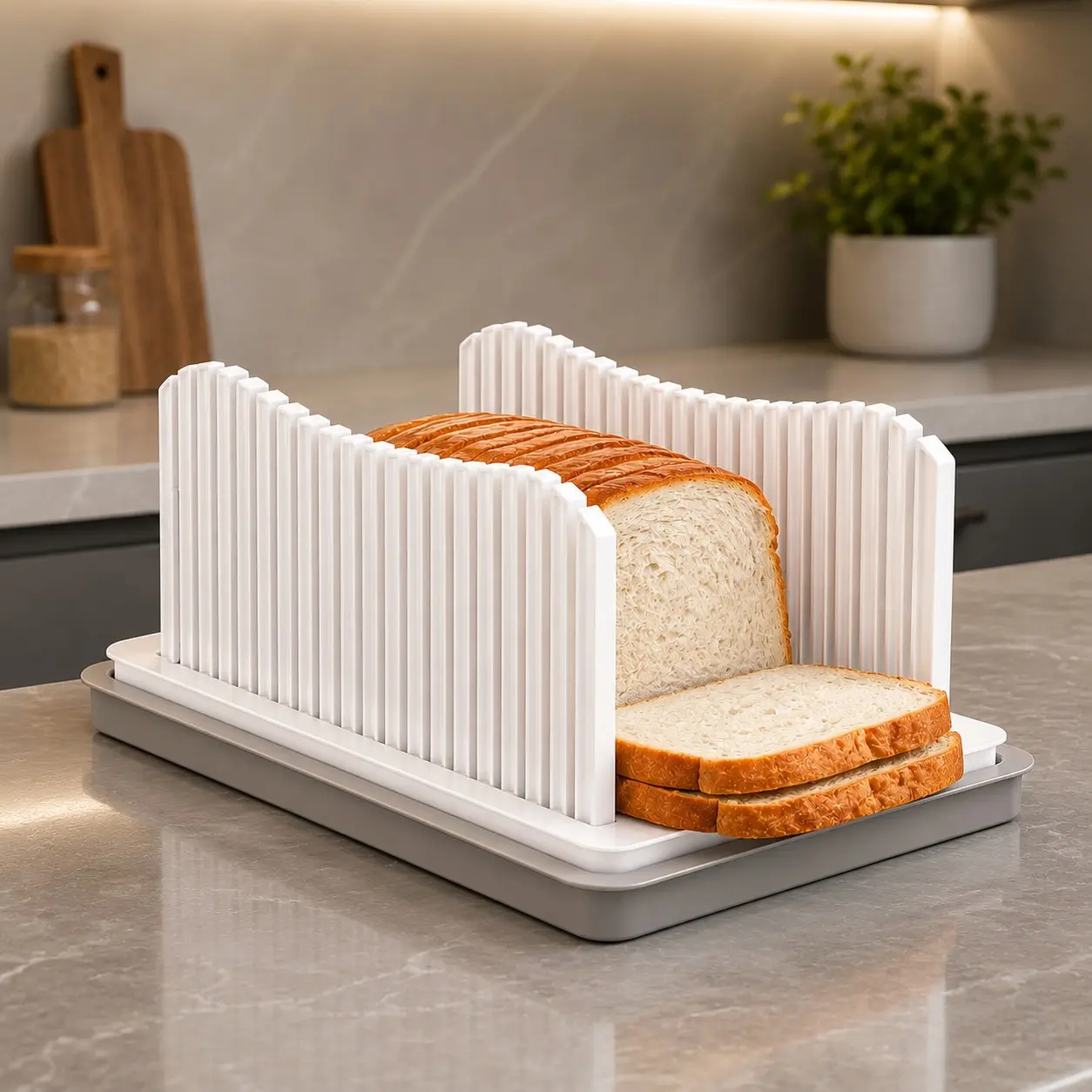 Bread Slicer for Homemade Bread, Adjustable Width Bread Slicing Guide | Foldable Bread Cutter with Crumb Tray, Compact Cutting Guide for Loafs, Sandwiches, Bagels, and Cakes