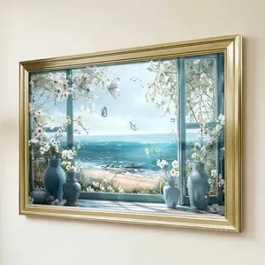 1pc Framed Gold Frame Framed Window View Spring Blossom Ocean Scene Canvas Art Print For Living Room Bedroom And Study Decor With Butterflies And Vases