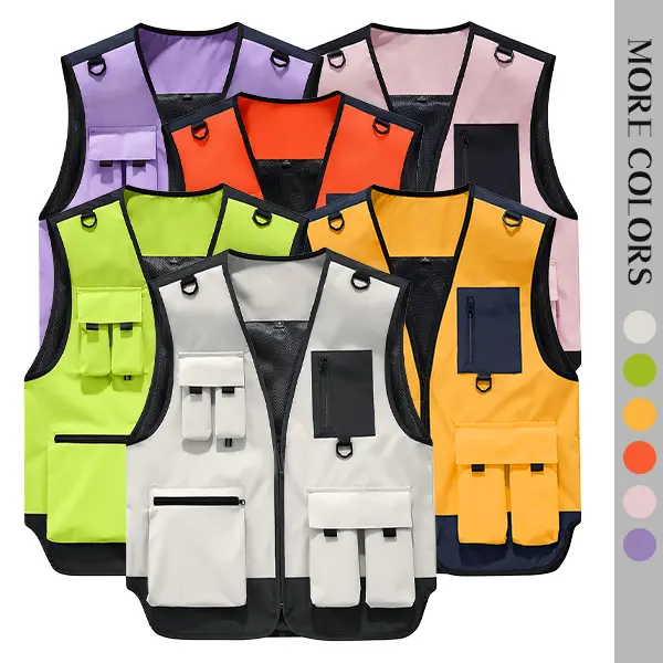 Men’s Functional Casual Basic Polyester Mesh Workwear Vest, Multi-Pockets, Lightweight Summer Sleeveless Design for Outdoor Photography (Multiple Colors Available)