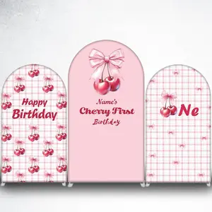15-day DeliveryPink Gingham Cherry Happy Birthday Arch Backdrop Cover for Girls Party Photo Booth