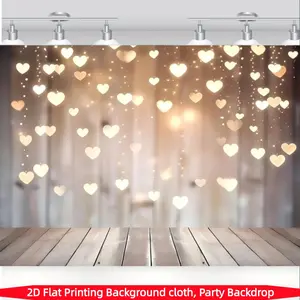 1pc romantic background cloth banner, wedding party backdrop, polyester material, with white love string lights, wooden texture background design, suitable for holiday decoration, anniversary decoration, courtyard, garden decoration