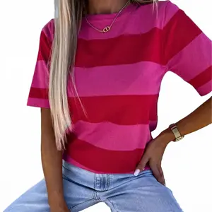 Women's Fashion Ribbed Fitted Wide Striped Short-Sleeve Knit Top - Casual Crew Neck Color Block Elegant Pullover Tee for Spring & Summer, Basic Daily Wear Clothing