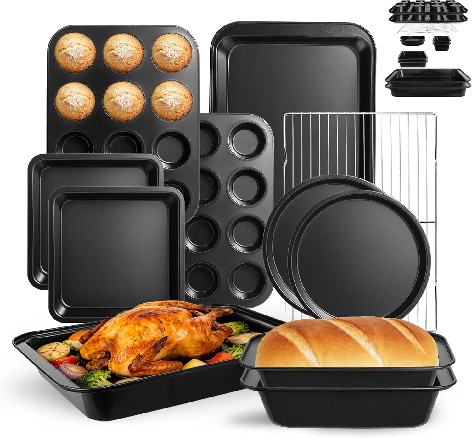 11-Piece Nonstick Bakeware Set, Carbon Steel Baking Pans, Stackable Dishwasher-Safe Oven Set up to 450°F, Black