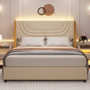 Twin/ Full/ Queen Bed Frame With Patterned Wingback Headboard, Upholstered Bed Frame With LED Lights, Modern Platform Bed Frame With Metal Accents Wingback, No Box Spring Needed, Easy Assembly, Pink/ Beige/ Black, Twin Bed Frame Full Bed Frame Bed Frame