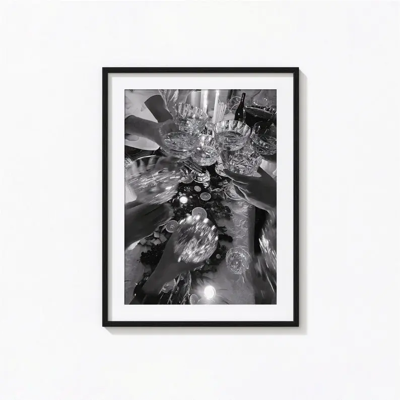 Cheers Print, Cocktail Alcohol Black and White Wall Art, Vintage Print, No Frame