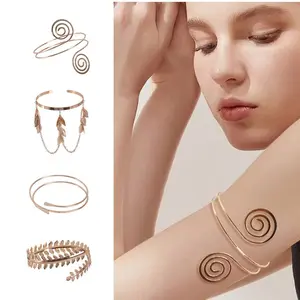 4-piece women's upper arm bracelet set, simple adjustable bracelet, featuring feather/leaf/broad edge/gothic style designs, hypoallergenic alloy material, suitable for parties/daily use/photography styling, Fashion Accessories bracelets