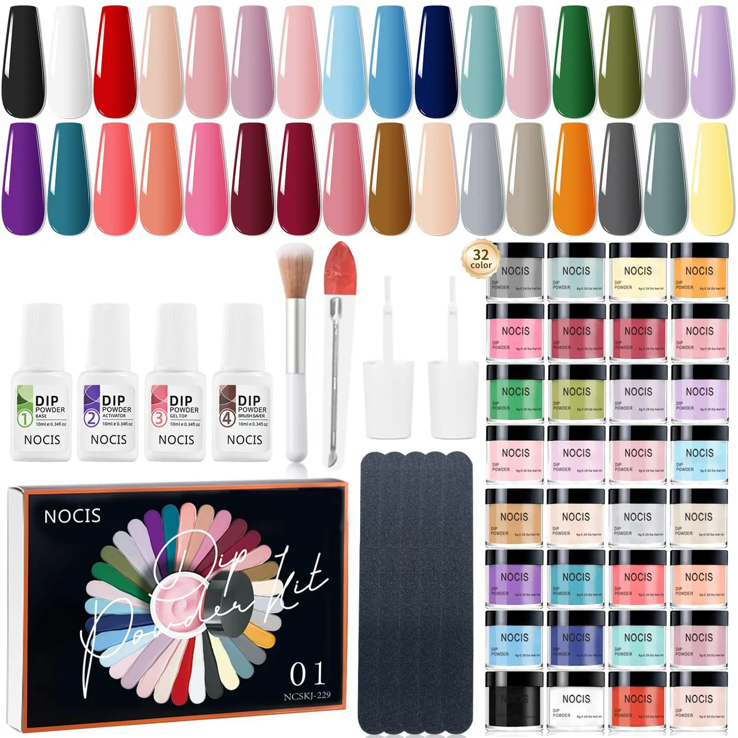 32 Color Dip Nail Powder Starter Kit, 45pcs/set Nail Dip Powder Kit with Base Top Coat Activator, Professional Manicure Nail Art Kit for French Nail Art DIY Salon, Nail Care