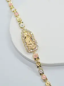 14k Gold Plated Guadalupe Virgin Mary Floral Enamel Bracelet, Women's Daily Wear, Religious Memorial, Holiday Gift Jewelry
