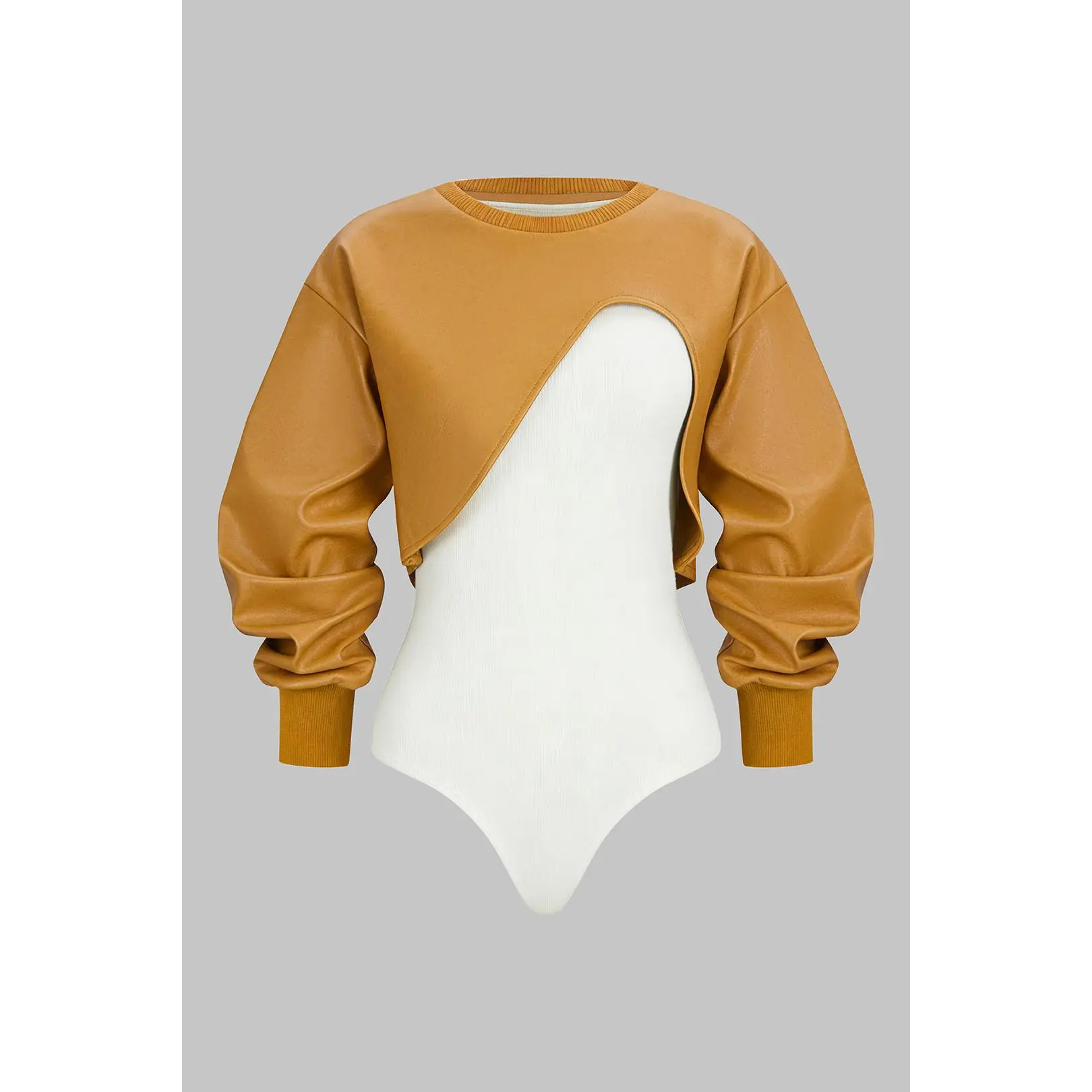 Faux Leather Patchwork Round Neck Asymmetrical Long Sleeve Bodysuit