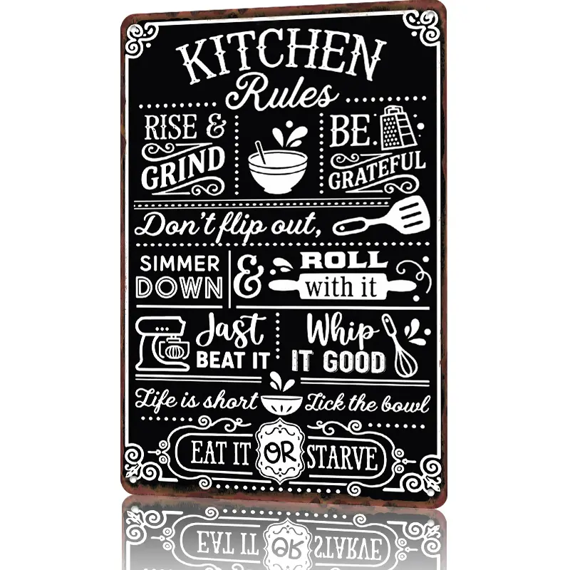 Vintage Distressed Aluminium Sign "Kitchen Chaos & Comfort Moments: Rules – Playful Culinary Vibes" (8x12 in) - Lightweight Home Decor Wall Art, Kitchen Accessories, Boyfriend Gift, Dining Space Supplies