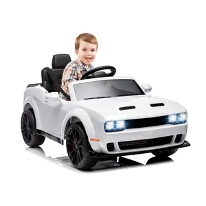 GARVEE Licensed Dodge Challenger Ride On Car 12V Electric Vehicle with Remote Control, LED Lights, Bluetooth, MP3 Player, Battery Powered, White - Suitable for Young Riders