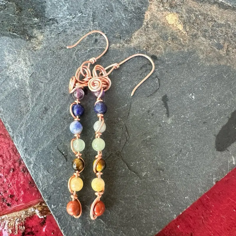 Juma CopperKing Dangly Chakra Earrings, Copper-Wrap 7 Chakra Stones, Handmade Lightweight Fashion Costume Jewelry Accessories