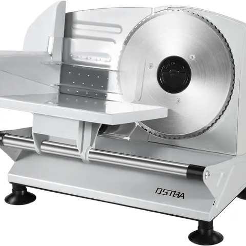 OSTBA Compact Electric Meat Slicer - 150-watt Motor Slicing Tool, 6.7in Removable Stainless Steel Blade, 0-15mm Adjustable Slice, Raw/Cook Split, Non-Slip, On/Off Safety Switch, Dishwasher Safe, Multipurpose for Home Cold Cuts, Cheese