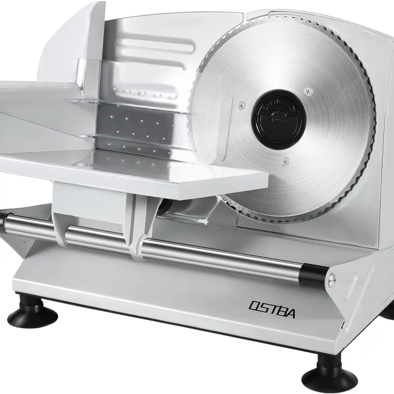 OSTBA Compact Electric Meat Slicer - 150-watt Motor Slicing Tool, 6.7in Removable Stainless Steel Blade, 0-15mm Adjustable Slice, Raw/Cook Split, Non-Slip, On/Off Safety Switch, Dishwasher Safe, Multipurpose for Home Cold Cuts, Cheese