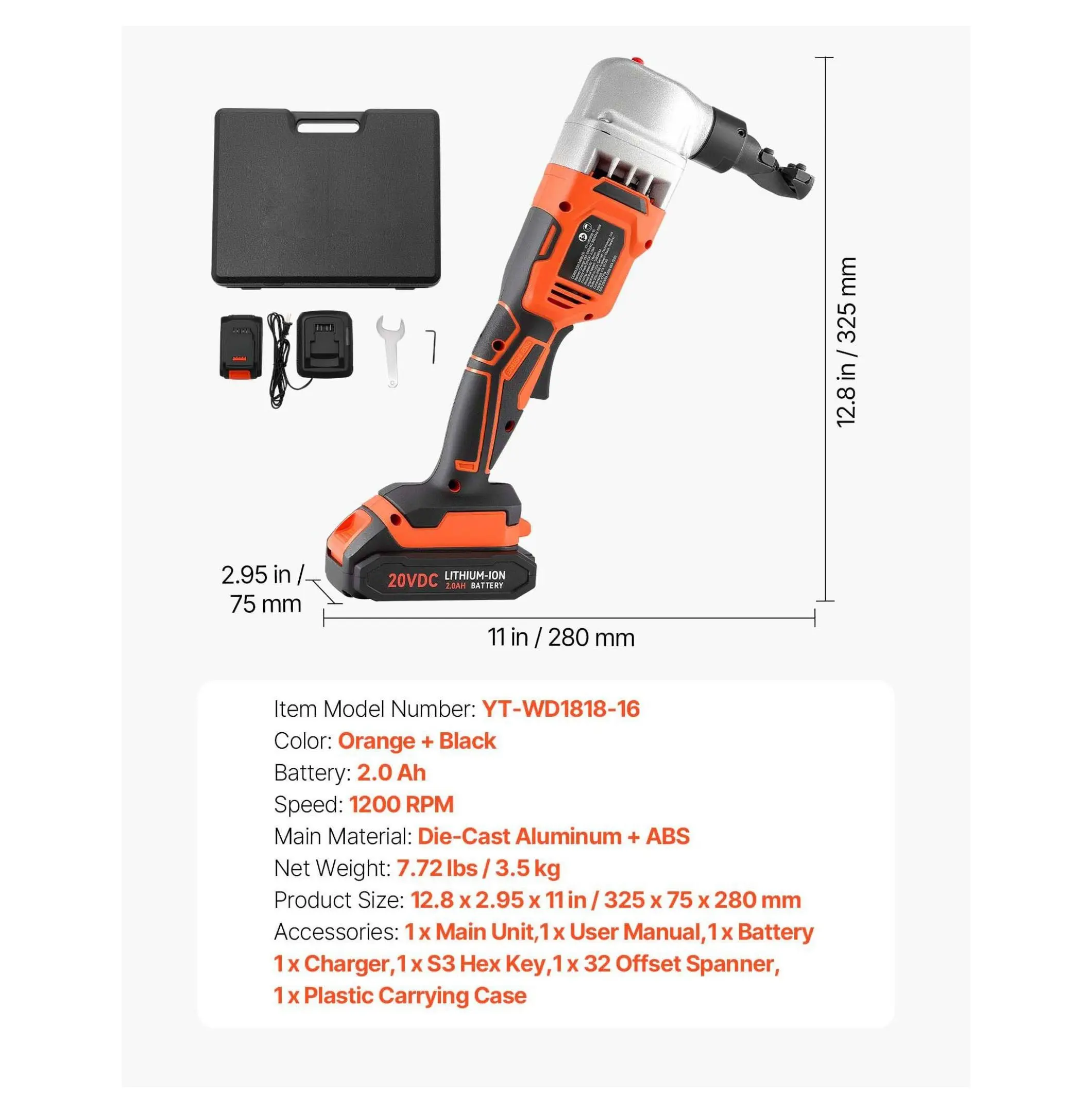 Cordless Metal Nibbler Cutter, 18V 2000mAh Brushless Motor, 1200 RPM, Metal Sheet Cutter for Stainless Steel, Aluminum, Copper - with Carrying Case Default