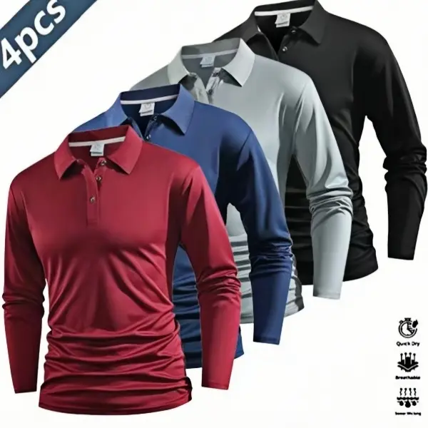 Men’s 4-Piece Long Sleeve Polo Shirt Set – Quick Dry Golf/Tennis Apparel with Comfortable Color-Block Collar & Cuff Design for Casual & Athletic Wear everyday commute polo  bundle christmas tag summervibes