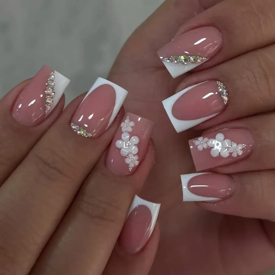24pcs Press-On Nails, Short Square Acrylic False Nails, Decorative Nails, Fake Nails, French Style Floral Design, French Nail Art, Hand-Embedded Rhinestones, for Women