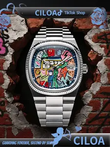Men's Stainless Steel Watch Band, Colorful Cartoon Creative Dial, Casual Quartz Analog-Digital Wristwatch, All Seasons Fashion, Exquisite Band Watch, Modern Trendy Watch