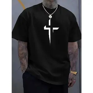Cross Printed Men's Casual T-shirt, Summer Fashion Round Neck Short Sleeve Top, Men's Modern Street Style