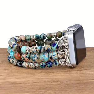 Bohemian Natural Stone Aple Wat Band, Handmade Beaded Boho Smartwatch Strap Compatible with Apple Watch Series 9/8/7/6/5/4/3/SE/Ultra, Elastic Woven Wristband for Women
