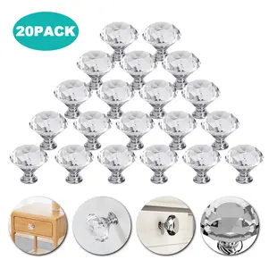 20PCS Crystal Glass Cabinet Knobs 30mm Diamond-Shape Pulls for Drawers and Cupboards