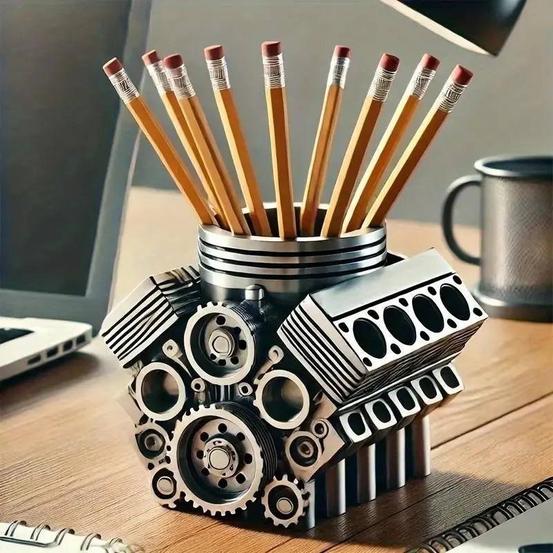 Creative Eight-Cylinder Engine Pen Holder, Resin Ornament, Office Desk Decor, Unique Bookshelf Decoration, Stylish Workspace Accessory, Desk Accessories