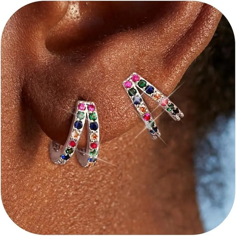 Silver Hoops with Colorful CZ