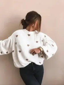 White Heart Jacquard Sweater for Women, Sweet Autumn Winter Fashion, Warm Casual Pullover Top, Balloon Sleeve, Versatile Knitwear