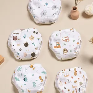 5-Pack Baby Training Pants Washable Cloth Diapers, Side Leak Proof, Unisex Animal Print, 0-3 Years Old, Toddler Potty Training, Reusable Diapers