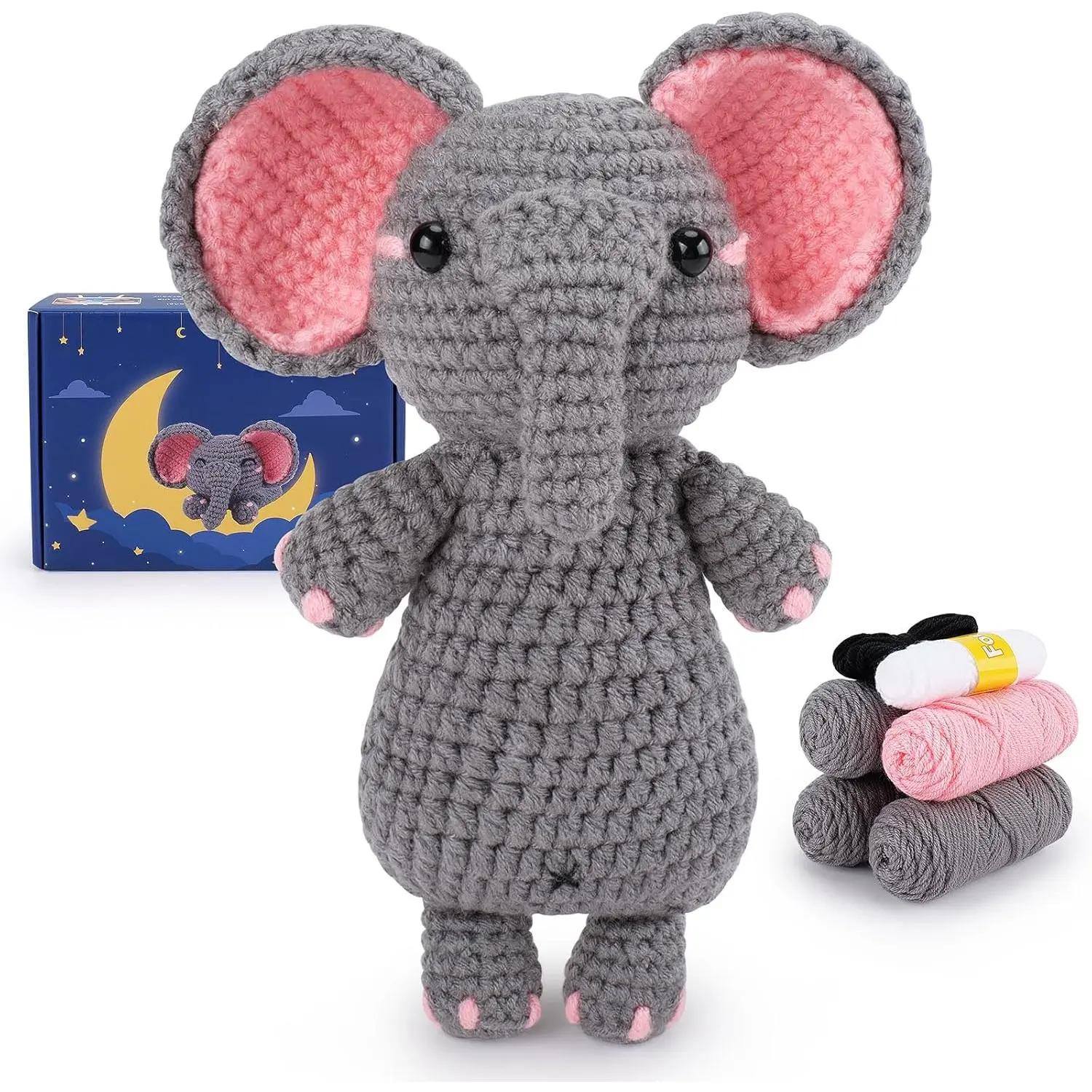 Crochet Kit for Beginners - Elephant Crochet Kits with Step-by-Step Video Tutorials, Beginner Crochet Kit for Adults, Crochet  Kit for , Goodnight Elephant Crocheting Set (Grey)