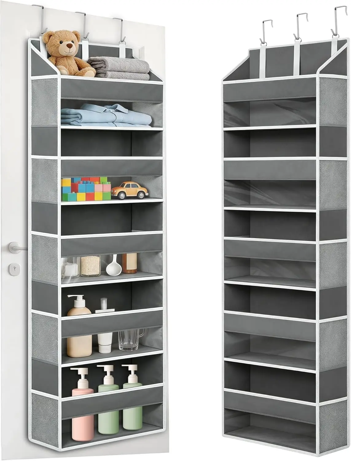 Over the Door Organizer with 5 Large Pockets and 10 Mesh Side Pockets, Hanging Organizer with Clear Windows 44 lbs Weight Capacity for Bedroom, Bathroom, Pantry, Nursery Dark Gray