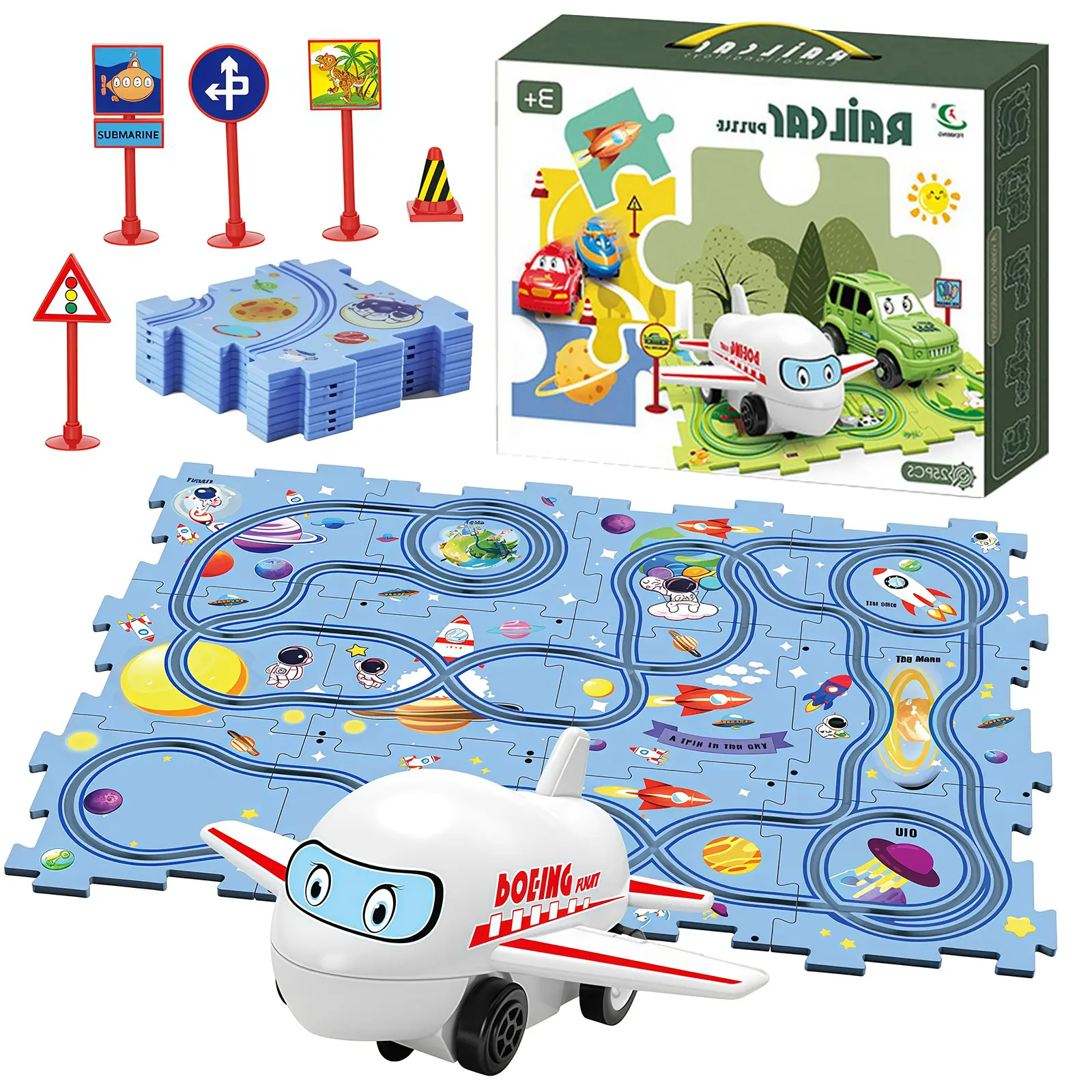 25 PCS Puzzle Racer Kids Car Track Set Puzzle Race Track Car Set Toys for Boys And Girls Dinosaur And Space Orbit Puzzle Toy Electric Car Puzzle Tracks Car Toys for Kids