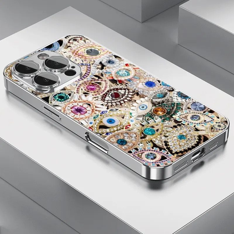 Colorful Gem Evil Eye Design Phone Case, Lens Protection Electroplated  Glass, Fits iPhone 16/15/14/13/12/11 Series, Anti-Dirt Fashion Trendy Cover  - TikTok Shop