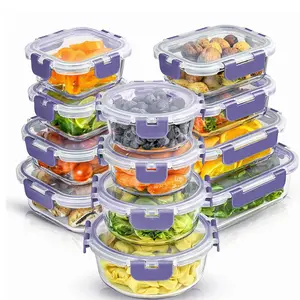 12Pcs Glass Food Storage Containers Fruit Storage with Airtight Lids, 100% Leakproof Meal Prep Containers for Microwave, Freezer and Dishwasher, Reusable Kitchen Utensils Set, Black / Purple