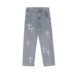 Sopula Studio Men's Streetwear Denim Cross Embroidery Jeans Ripped Straight Leg Blue Skateboard trousers