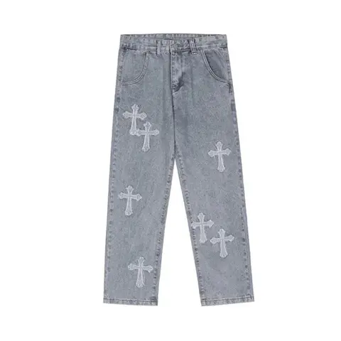 Sopula Studio Patterned Ripped Straight-Leg Men's Jeans - 50/50 Cotton-Spandex Cotton Blend, Cross Embroidery, Button Closure, Streetwear Skateboarding Casual Bottoms, 2XL Size Menswear