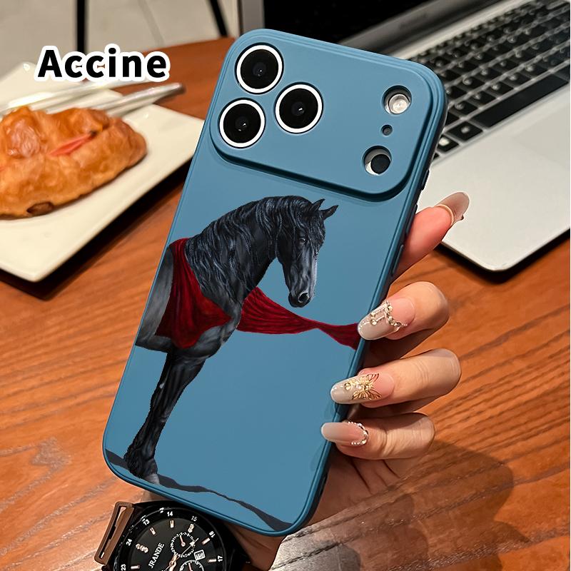 Straight Edge Phone Case for iPhone 17 16 Pro Max 15 Plus 14 13 12 11 Air XS XR E Black horse with red cloth Pattern Anti-Scratch Shockproof Soft Silicone Protective Cover