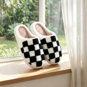 Cozy Winter Slippers for Men & Women Warm Checkered Design with Supportive Memory Foam Black Plush Lining Non Slip Sole Breathable Cushioned Footwear