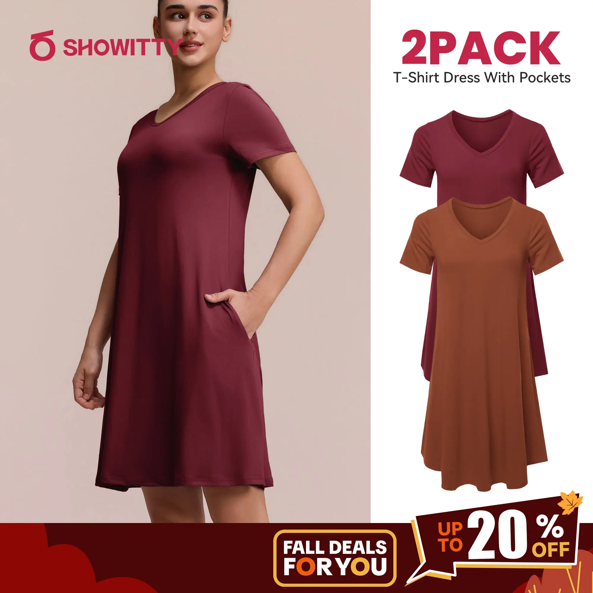 SHOWITTY 2-Pack Women's Casual T-Shirt Loungewear Dresses with Pockets Plus Size Short Sleeves Pajama Dress- Breathable Lightweight Fit for Summer Out