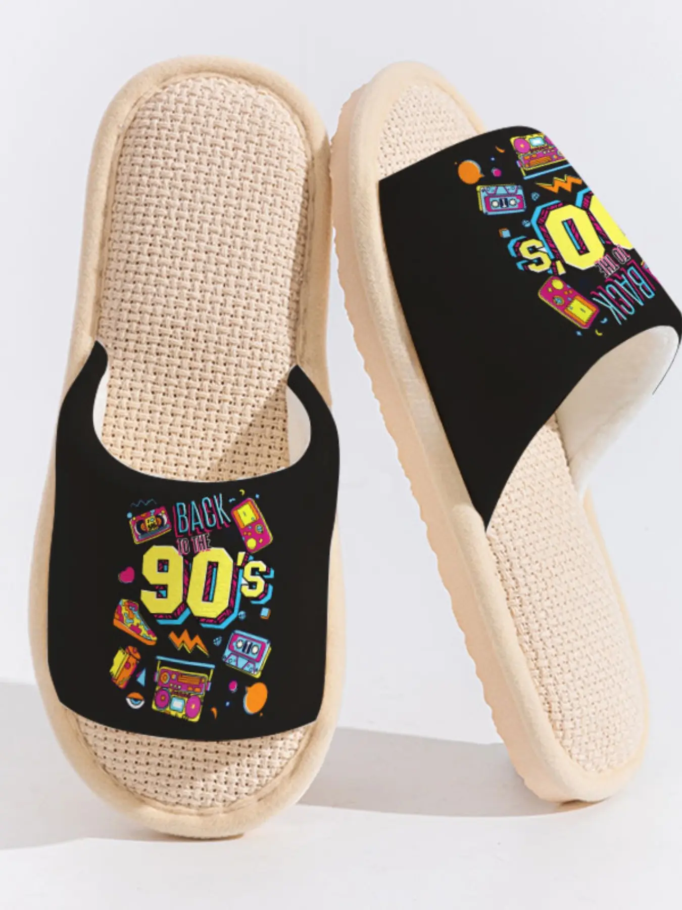 "BACK TO THE 90'S" Retro Elements Print | Nostalgic Trendy Style 1 Pair Cloud-Feeling Linen Breathable Non-Slip Soft Sole Home Slippers For 90s Kids, Retro Enthusiasts & Trendsetters (Spring Summer Indoor Outdoor)