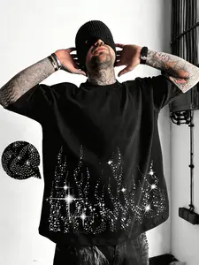 Men's Summer Sparkling Diamond Flame T-Shirt, Glitter Crystal Short Sleeve, Casual Hip Hop Street Style Fashion Top