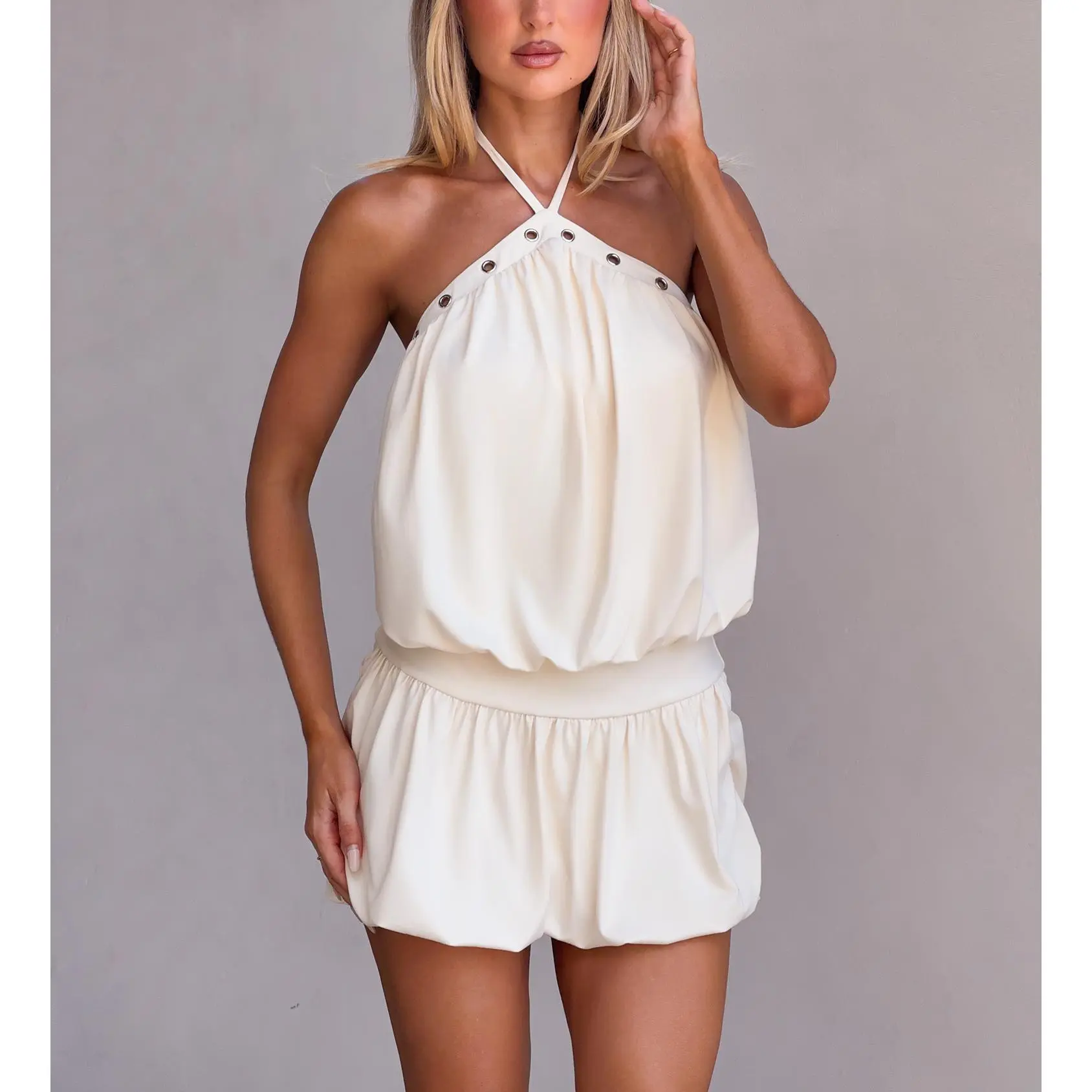 Women Mini Halter Dress Metal Eyelet Sleeveless Open Back Bubble Hem Short  Dresses for Daily Party Club - TikTok Shop