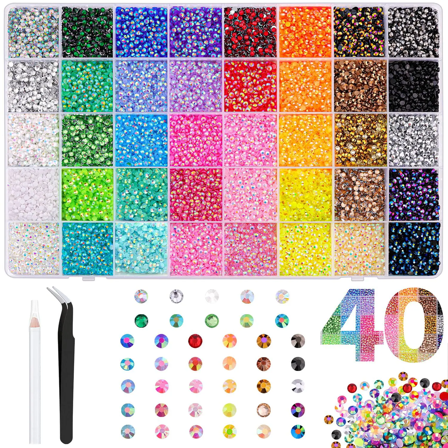 40 Colors-36000Pcs-3mm Flat Back Jelly Synthetic Rhinestones Bedazzling Kit, Glamorous Shiny Easy-to-Handle Resin Gems for Nail Art, Diamond Art Decorations
