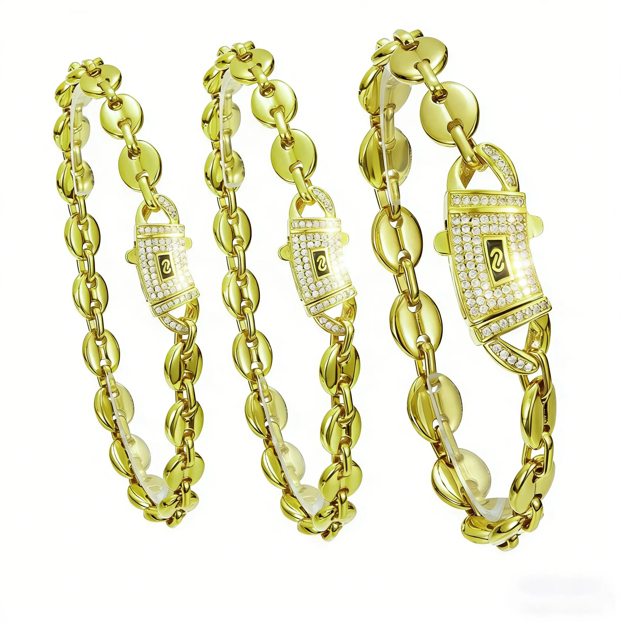 New 14K Real Gold-Plated Cuban Link Bracelet, Coffee Bean Monaco Cuban Link Chain comes with S-logo clasp. Width options: 6-10mm. Made of high-quality stainless steel, waterproof and hypoallergenic. A perfect choice for holiday gifts or everyday styling.