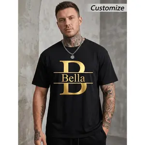 Custom Men'S T-Shirt, Personalized Golden Initial Graphic Tee. DIY Short Sleeve Crewneck Top for Summer Casual. Monogram Gift Couples, Breathable Soft Wear, Trendy Streetwear